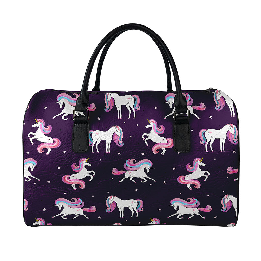 Night Girly Unicorn Pattern Print Leather Duffle Bag