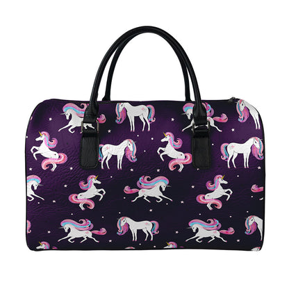 Night Girly Unicorn Pattern Print Leather Duffle Bag