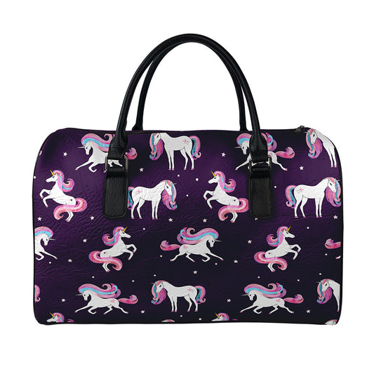 Night Girly Unicorn Pattern Print Leather Duffle Bag
