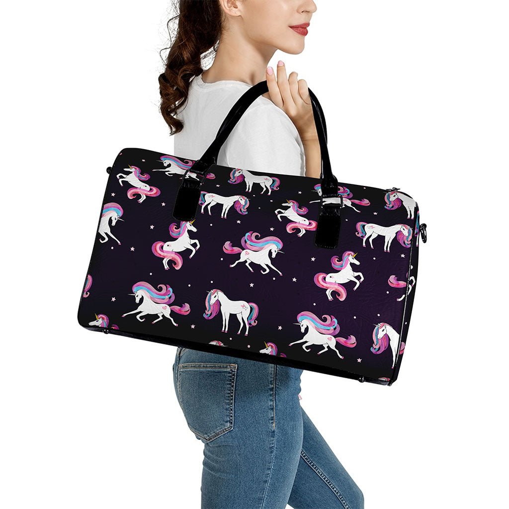 Night Girly Unicorn Pattern Print Leather Duffle Bag