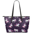 Night Girly Unicorn Pattern Print Leather Tote Bag With Zipper