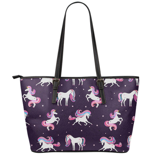Night Girly Unicorn Pattern Print Leather Tote Bag