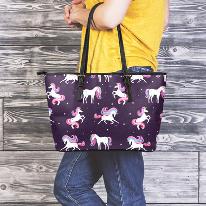 Night Girly Unicorn Pattern Print Leather Tote Bag
