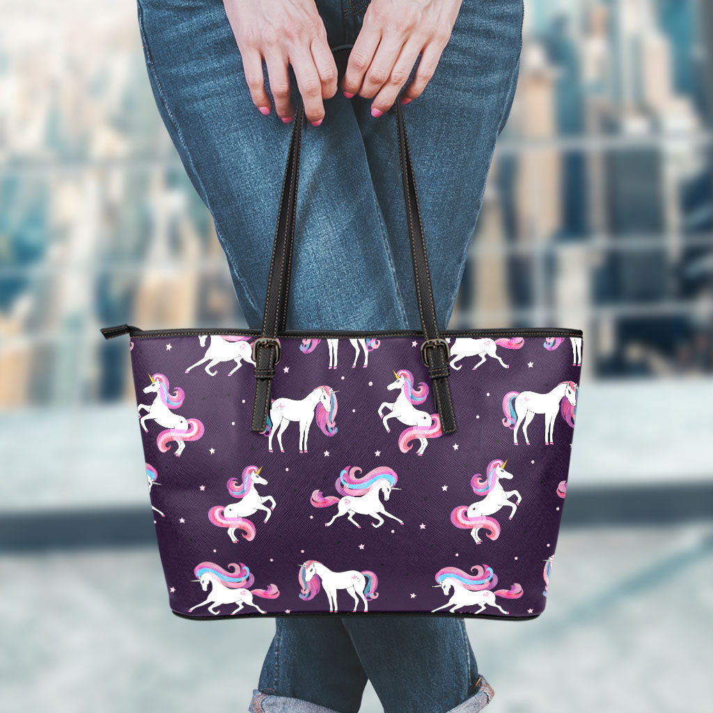 Night Girly Unicorn Pattern Print Leather Tote Bag