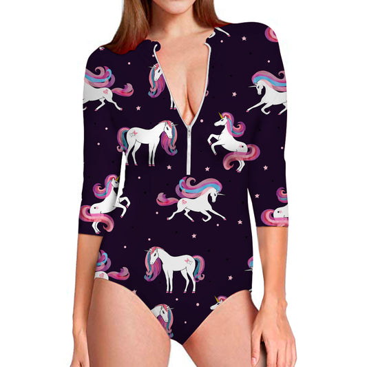 Night Girly Unicorn Pattern Print Long Sleeve Swimsuit