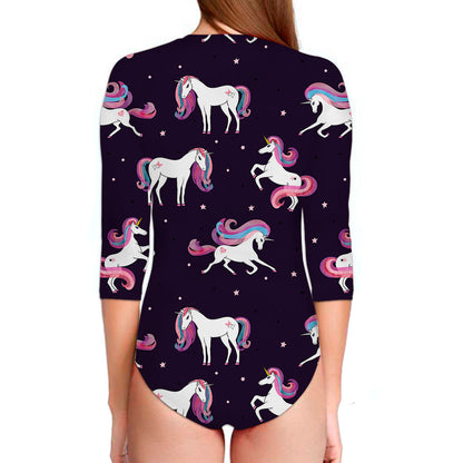 Night Girly Unicorn Pattern Print Long Sleeve Swimsuit