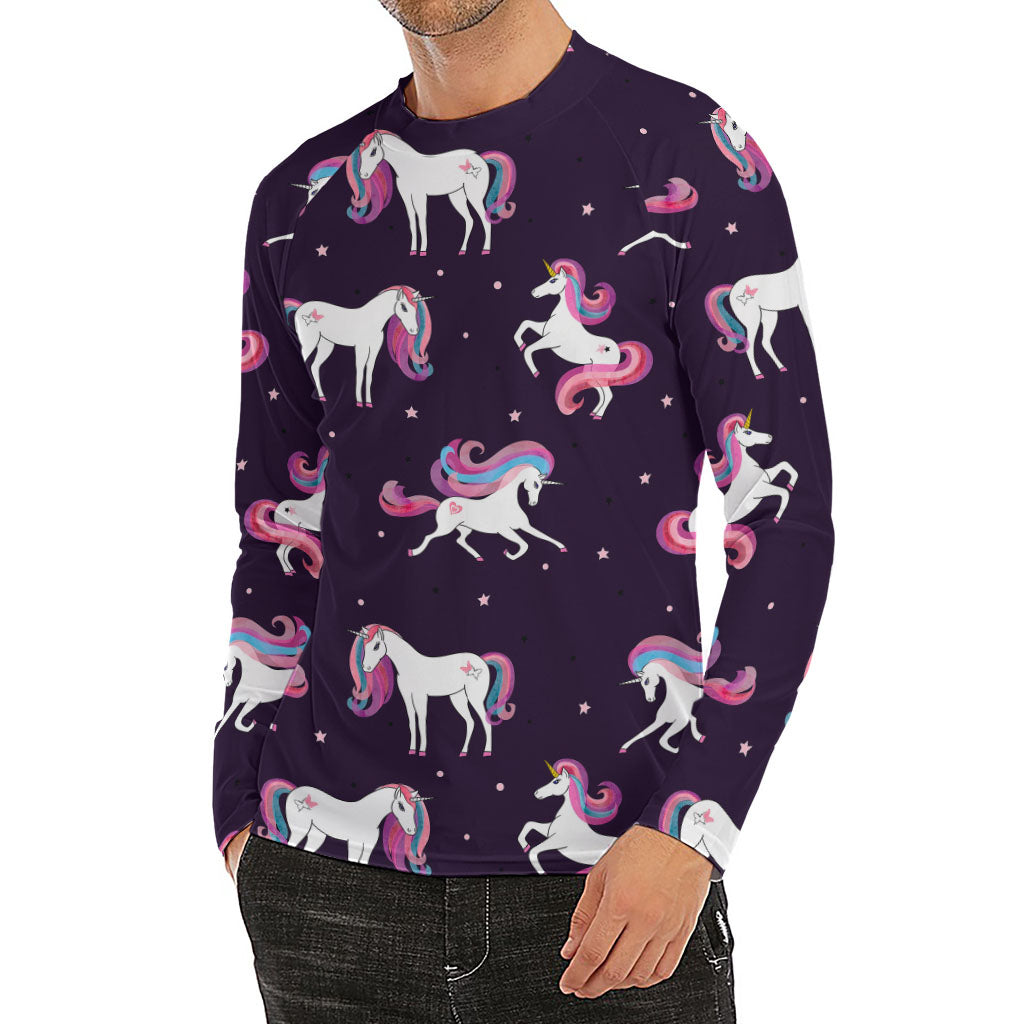 Night Girly Unicorn Pattern Print Men's Long Sleeve Rash Guard