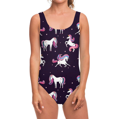 Night Girly Unicorn Pattern Print One Piece Swimsuit