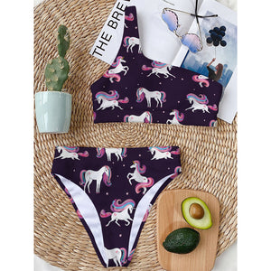 Night Girly Unicorn Pattern Print One Shoulder Bikini Top