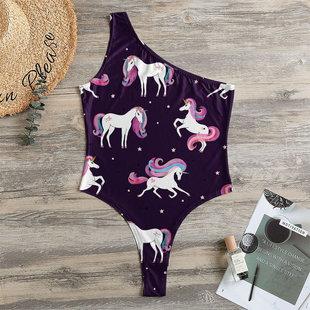 Night Girly Unicorn Pattern Print One Shoulder Bodysuit