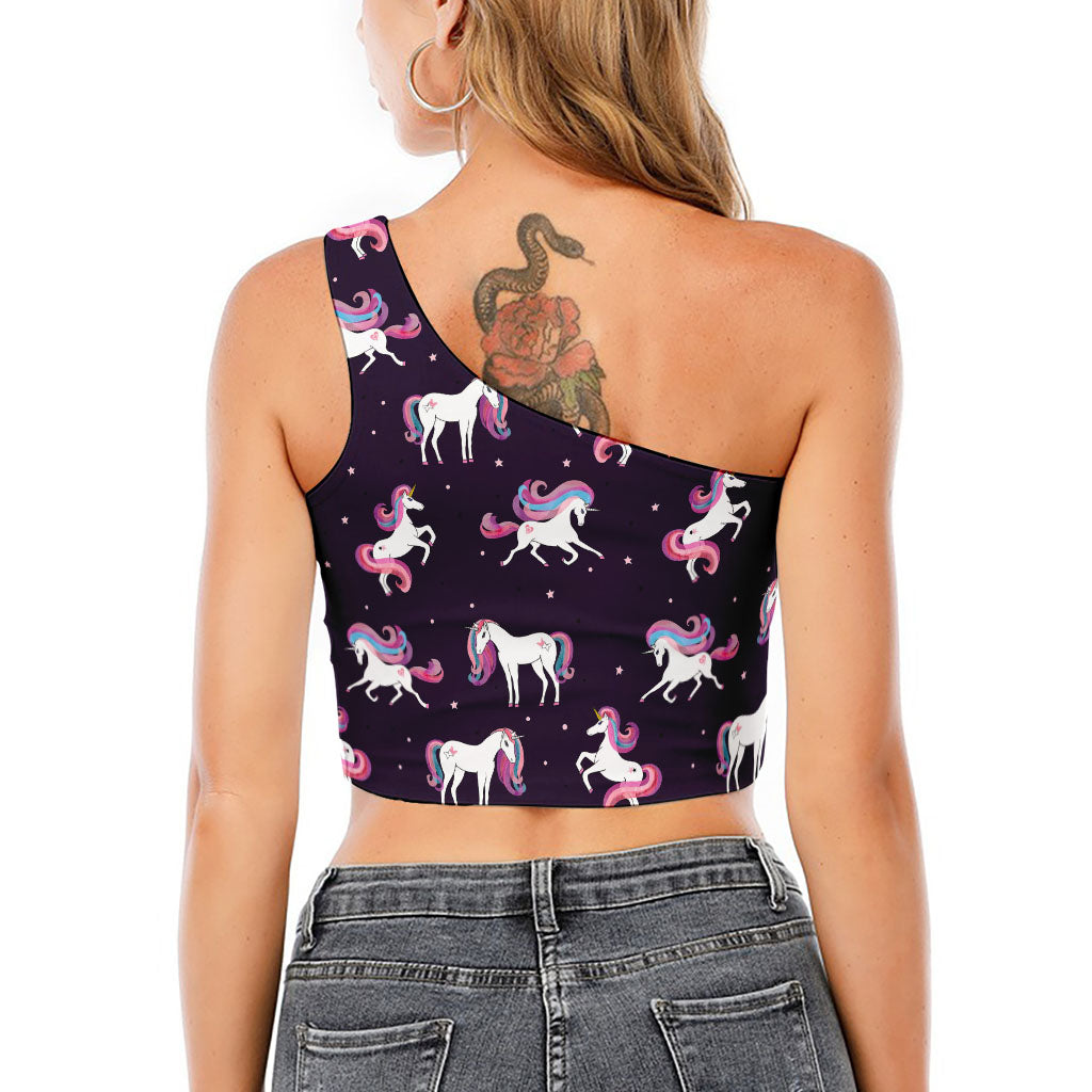 Night Girly Unicorn Pattern Print One Shoulder Crop Top