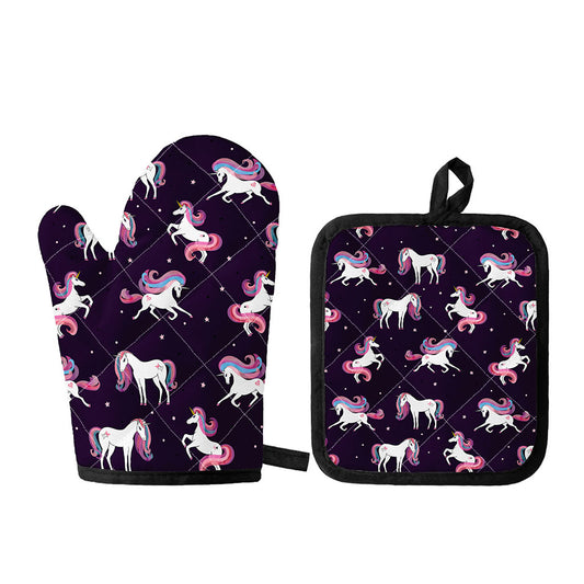 Night Girly Unicorn Pattern Print Oven Mitt And Pot Holder Set
