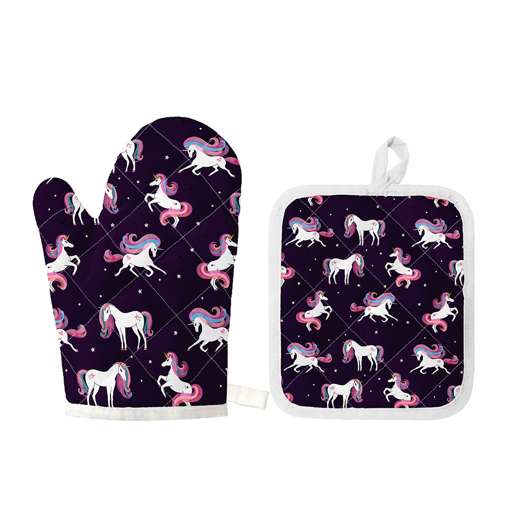 Night Girly Unicorn Pattern Print Oven Mitt And Pot Holder Set