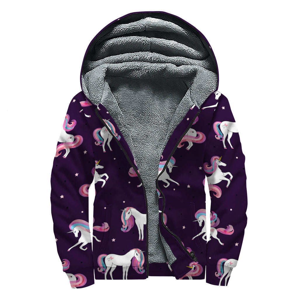 Night Girly Unicorn Pattern Print Sherpa Lined Zip Up Hoodie