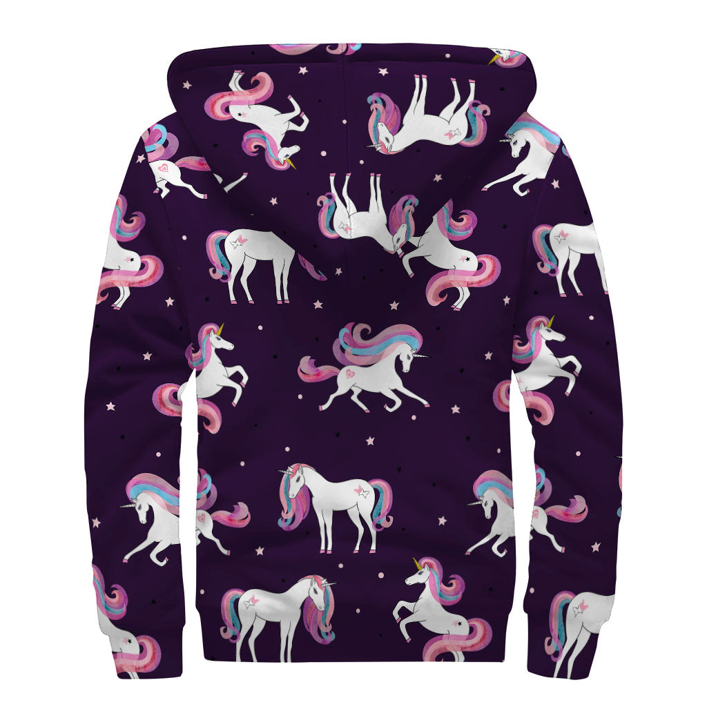 Night Girly Unicorn Pattern Print Sherpa Lined Zip Up Hoodie