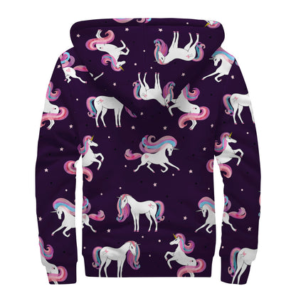 Night Girly Unicorn Pattern Print Sherpa Lined Zip Up Hoodie