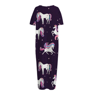 Night Girly Unicorn Pattern Print Short Sleeve Long Nightdress