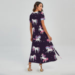 Night Girly Unicorn Pattern Print Short Sleeve Maxi Dress