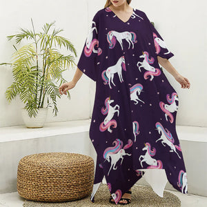 Night Girly Unicorn Pattern Print Silk V-Neck Kaftan Dress