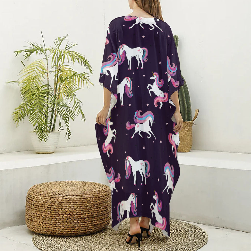 Night Girly Unicorn Pattern Print Silk V-Neck Kaftan Dress