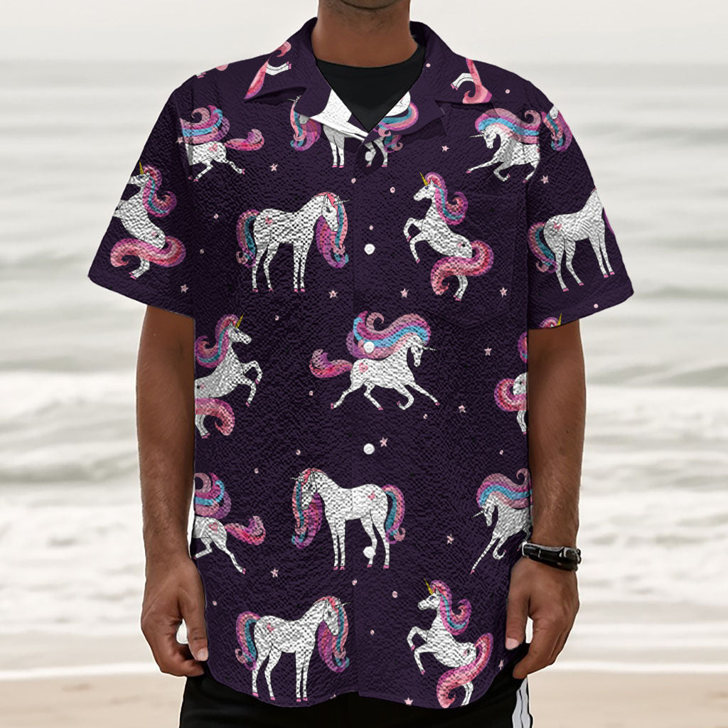 Night Girly Unicorn Pattern Print Textured Short Sleeve Shirt