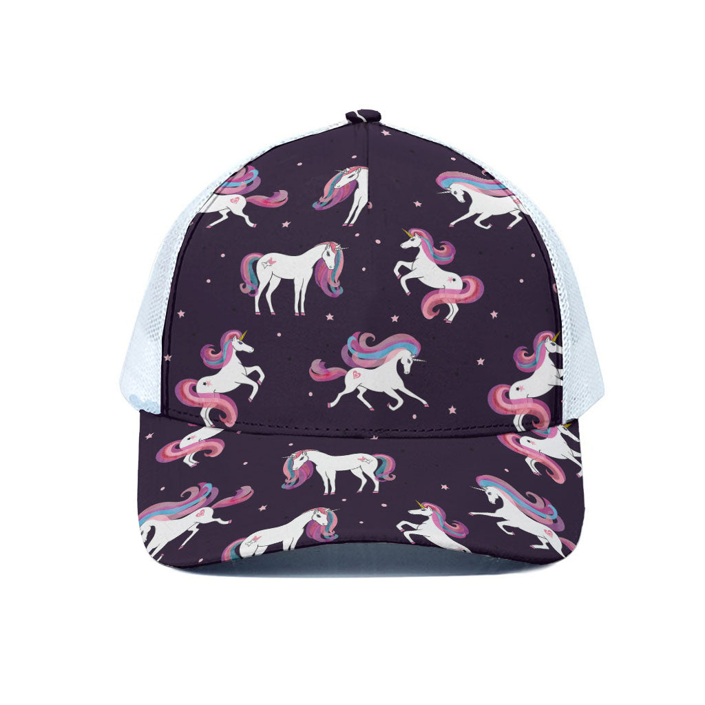 Night Girly Unicorn Pattern Print White Mesh Trucker Cap