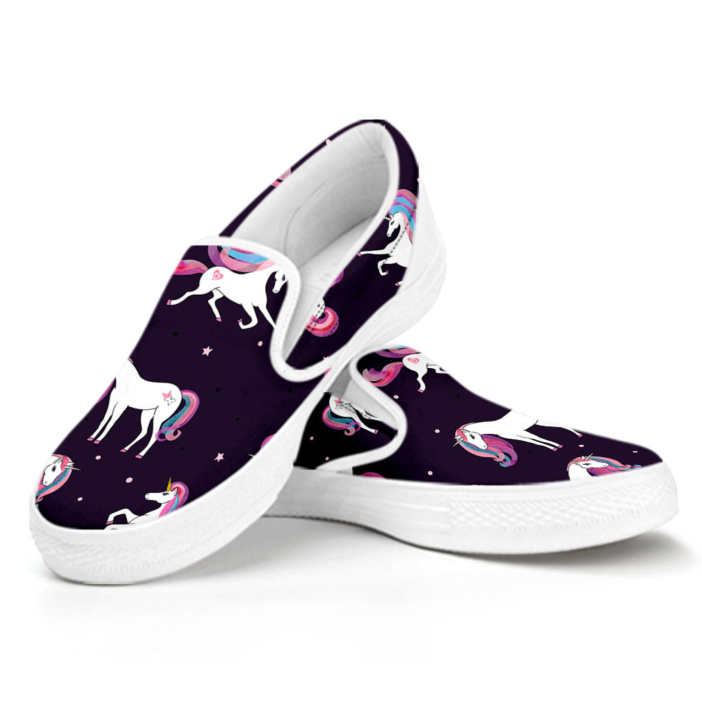 Night Girly Unicorn Pattern Print White Slip On Sneakers