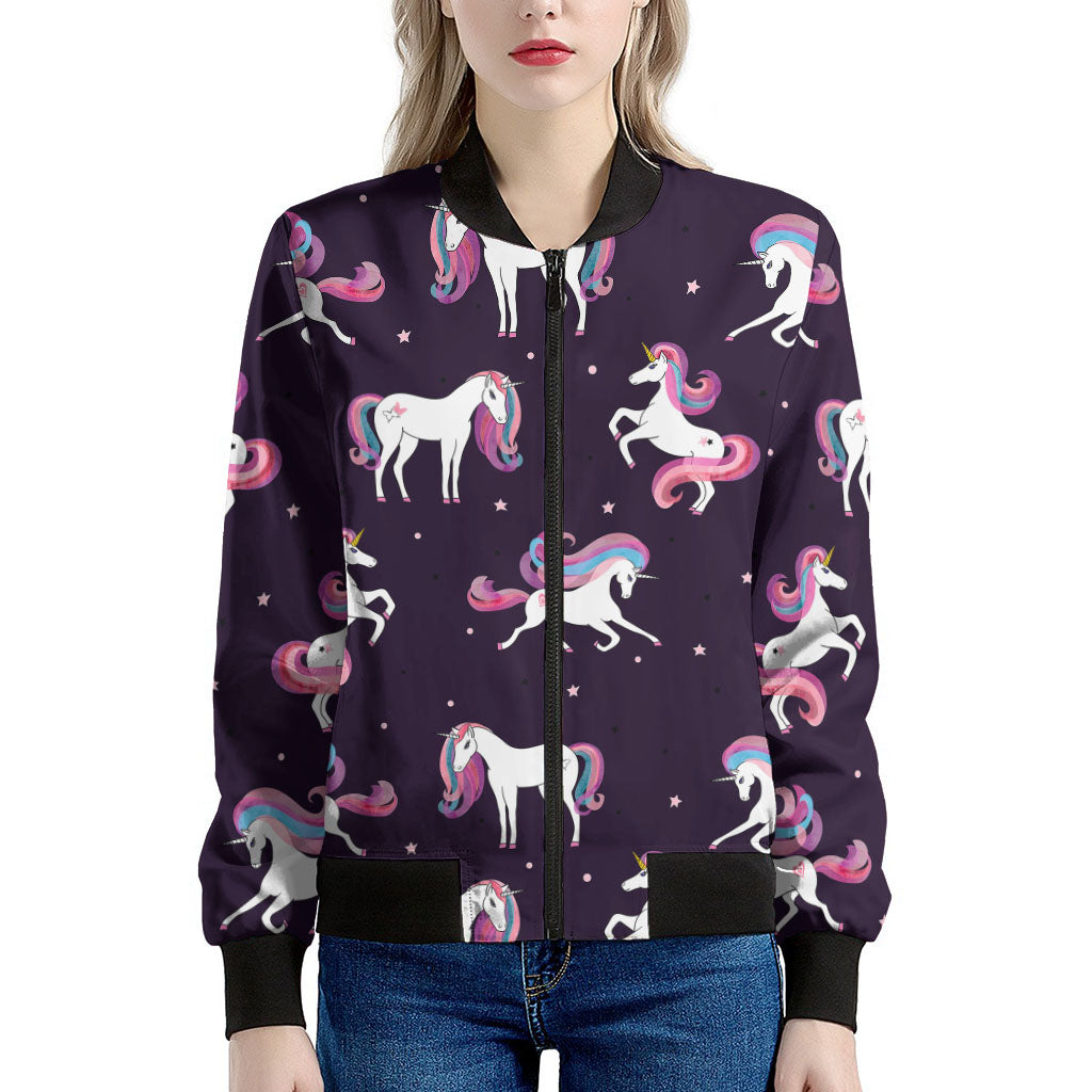 Night Girly Unicorn Pattern Print Women's Bomber Jacket