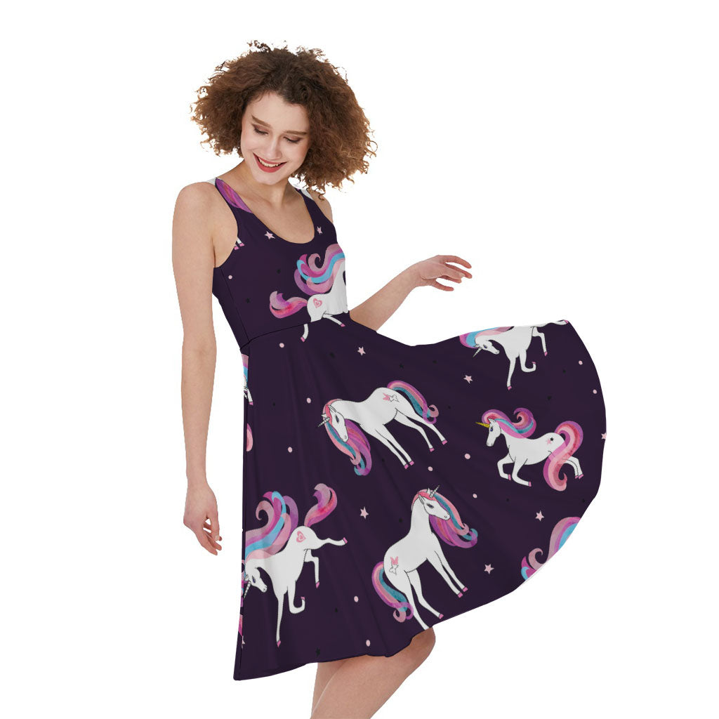 Night Girly Unicorn Pattern Print Women's Sleeveless Dress