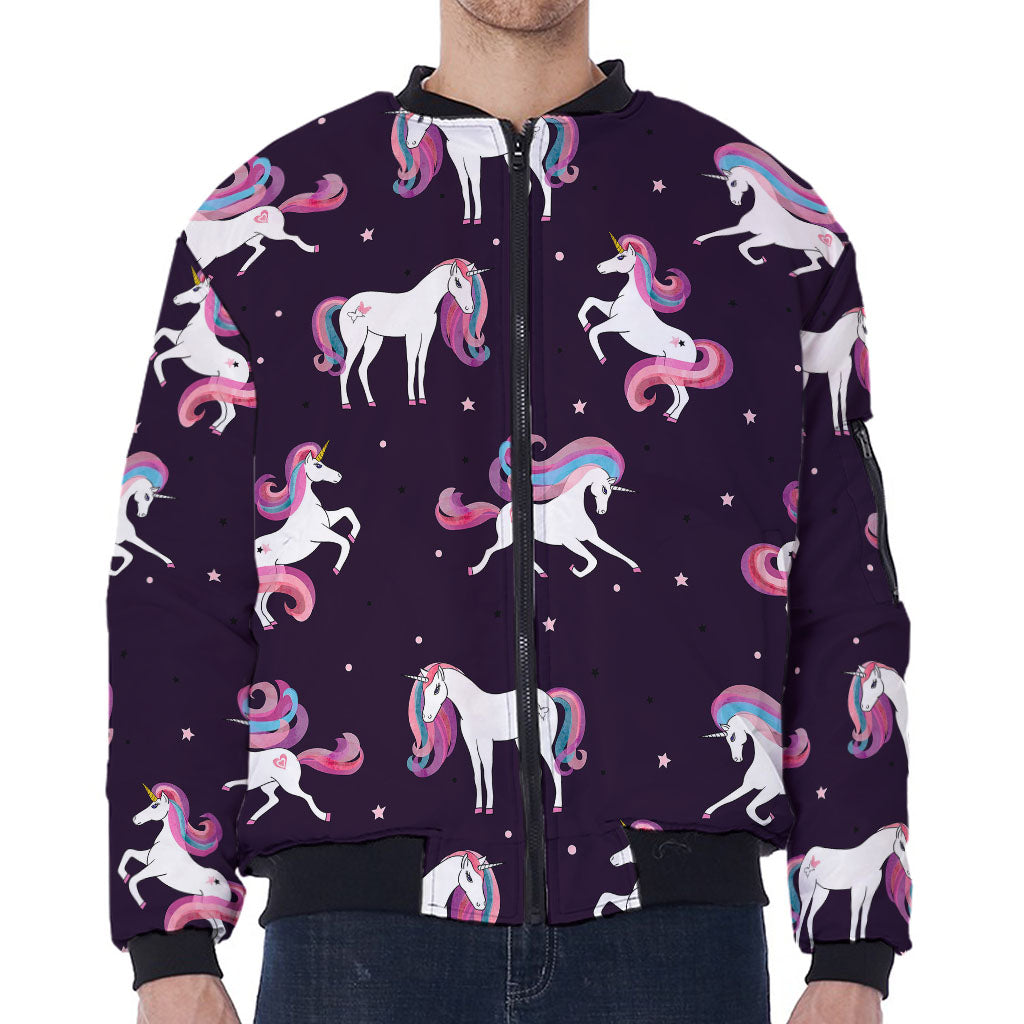 Night Girly Unicorn Pattern Print Zip Sleeve Bomber Jacket