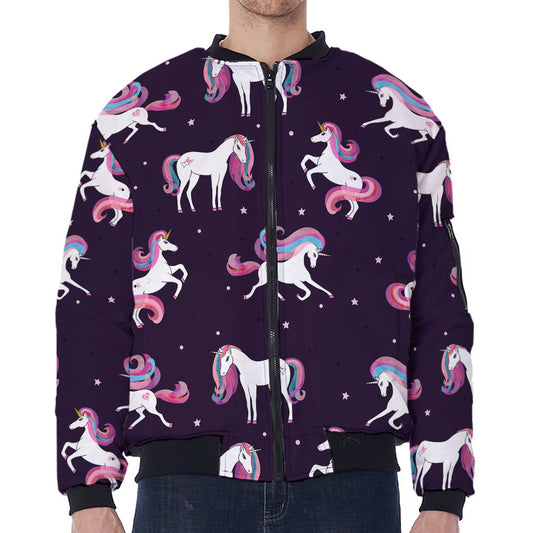 Night Girly Unicorn Pattern Print Zip Sleeve Bomber Jacket