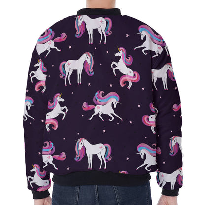 Night Girly Unicorn Pattern Print Zip Sleeve Bomber Jacket