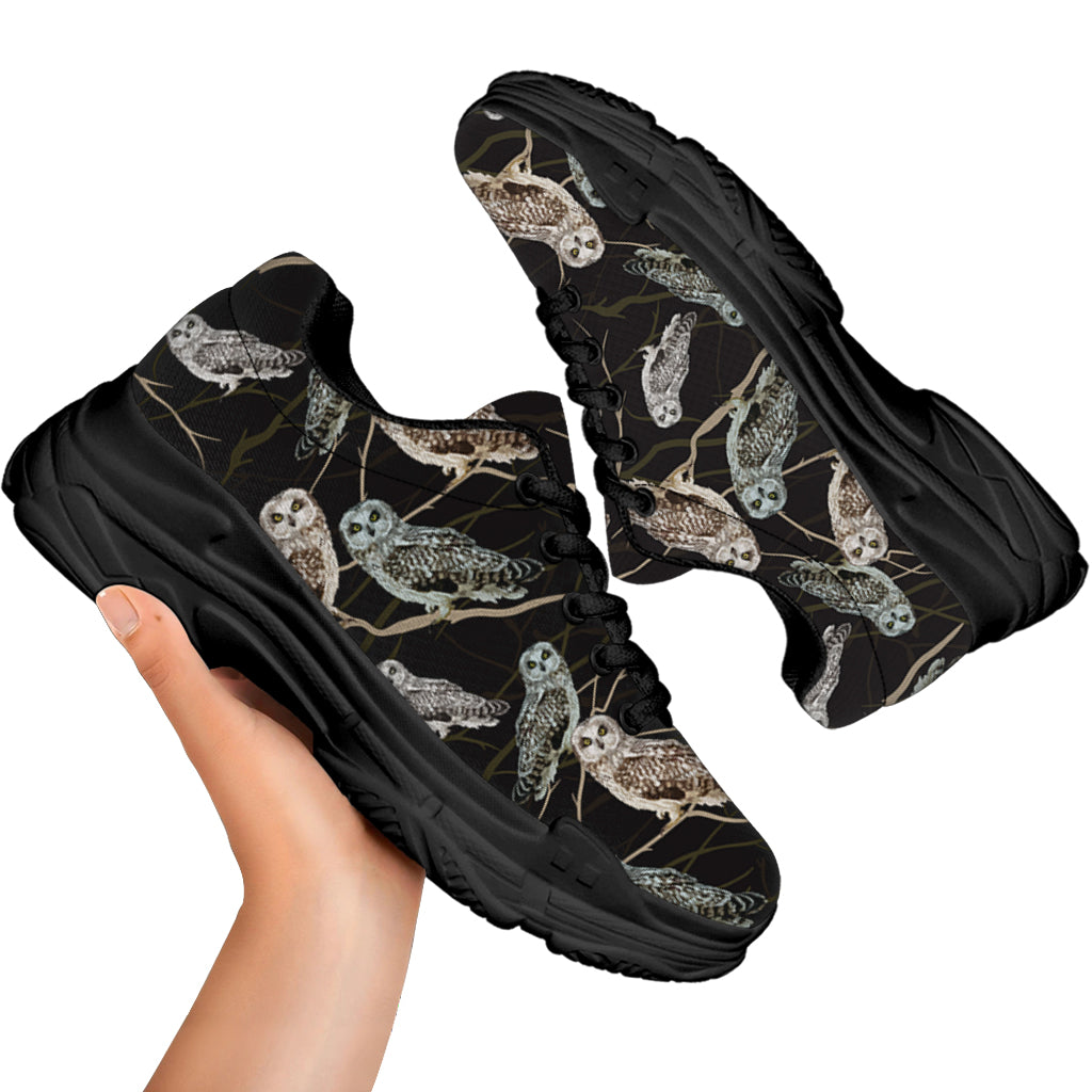 Night Owl Pattern Print Black Chunky Shoes