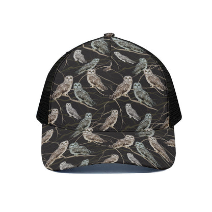 Night Owl Pattern Print Black Mesh Trucker Cap