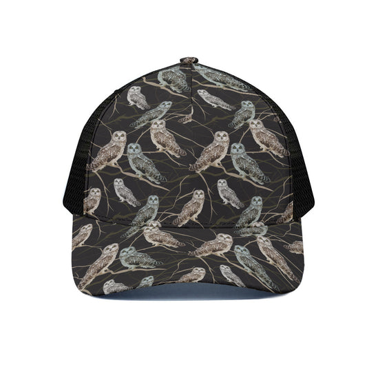 Night Owl Pattern Print Black Mesh Trucker Cap