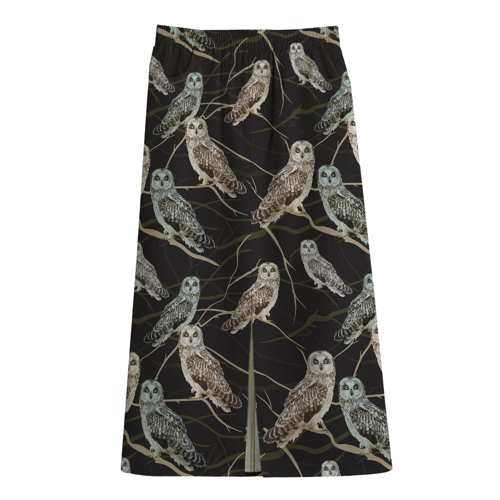 Night Owl Pattern Print Cotton Front Slit Maxi Skirt