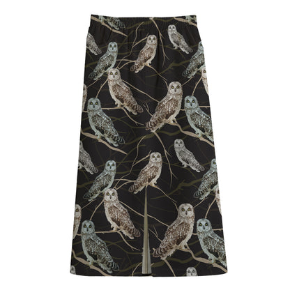 Night Owl Pattern Print Cotton Front Slit Maxi Skirt