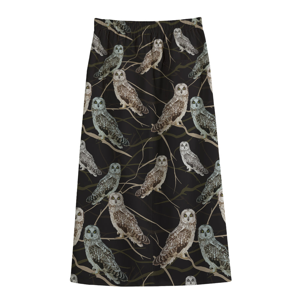 Night Owl Pattern Print Cotton Front Slit Maxi Skirt