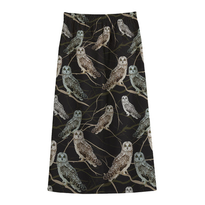 Night Owl Pattern Print Cotton Front Slit Maxi Skirt
