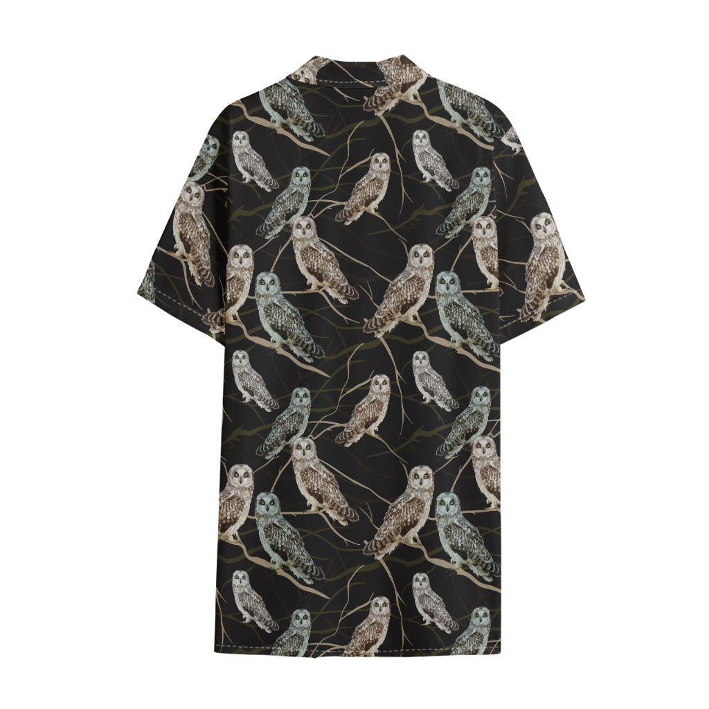 Night Owl Pattern Print Cotton Hawaiian Shirt