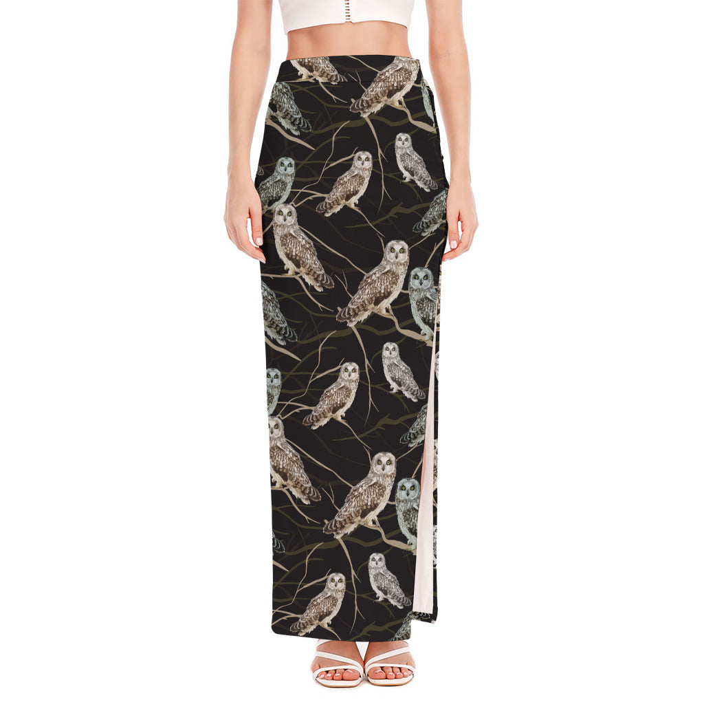 Night Owl Pattern Print High Slit Maxi Skirt