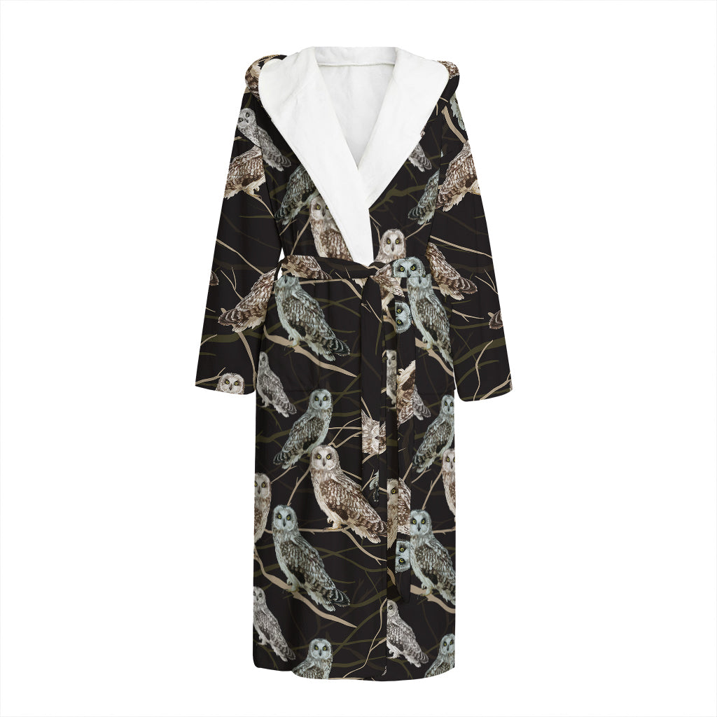 Night Owl Pattern Print Hooded Bathrobe