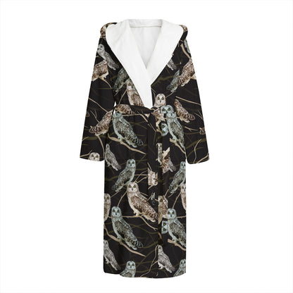 Night Owl Pattern Print Hooded Bathrobe