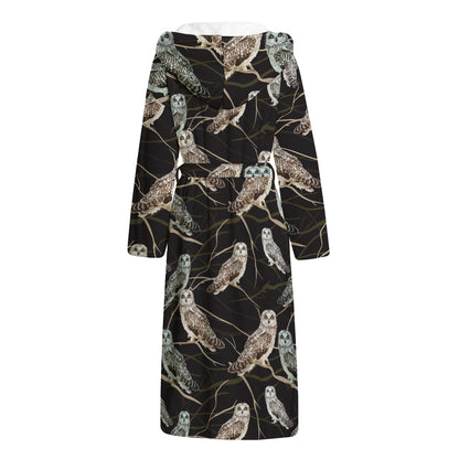 Night Owl Pattern Print Hooded Bathrobe