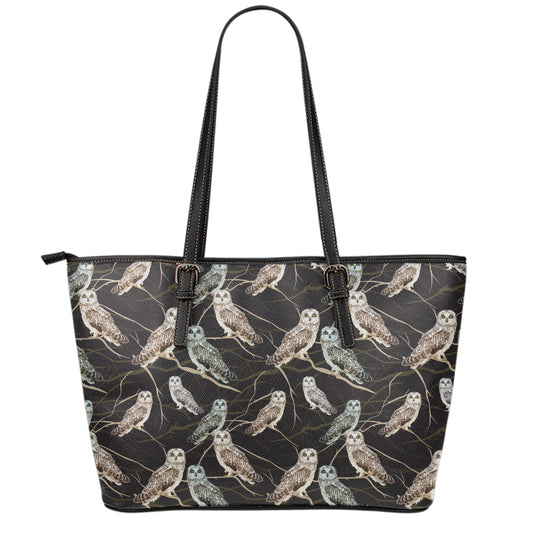 Night Owl Pattern Print Leather Tote Bag