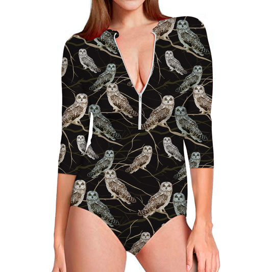 Night Owl Pattern Print Long Sleeve Swimsuit