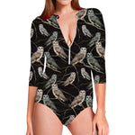 Night Owl Pattern Print Long Sleeve Swimsuit