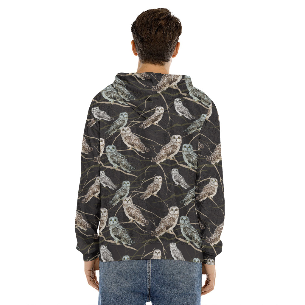 Night Owl Pattern Print Men's Velvet Pullover Hoodie