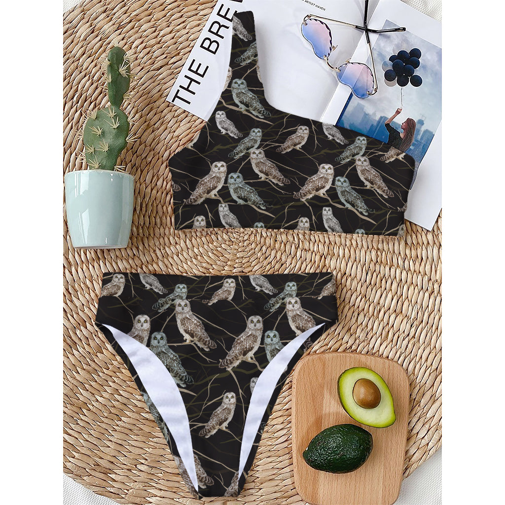 Night Owl Pattern Print One Shoulder Bikini Top
