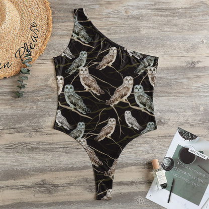 Night Owl Pattern Print One Shoulder Bodysuit